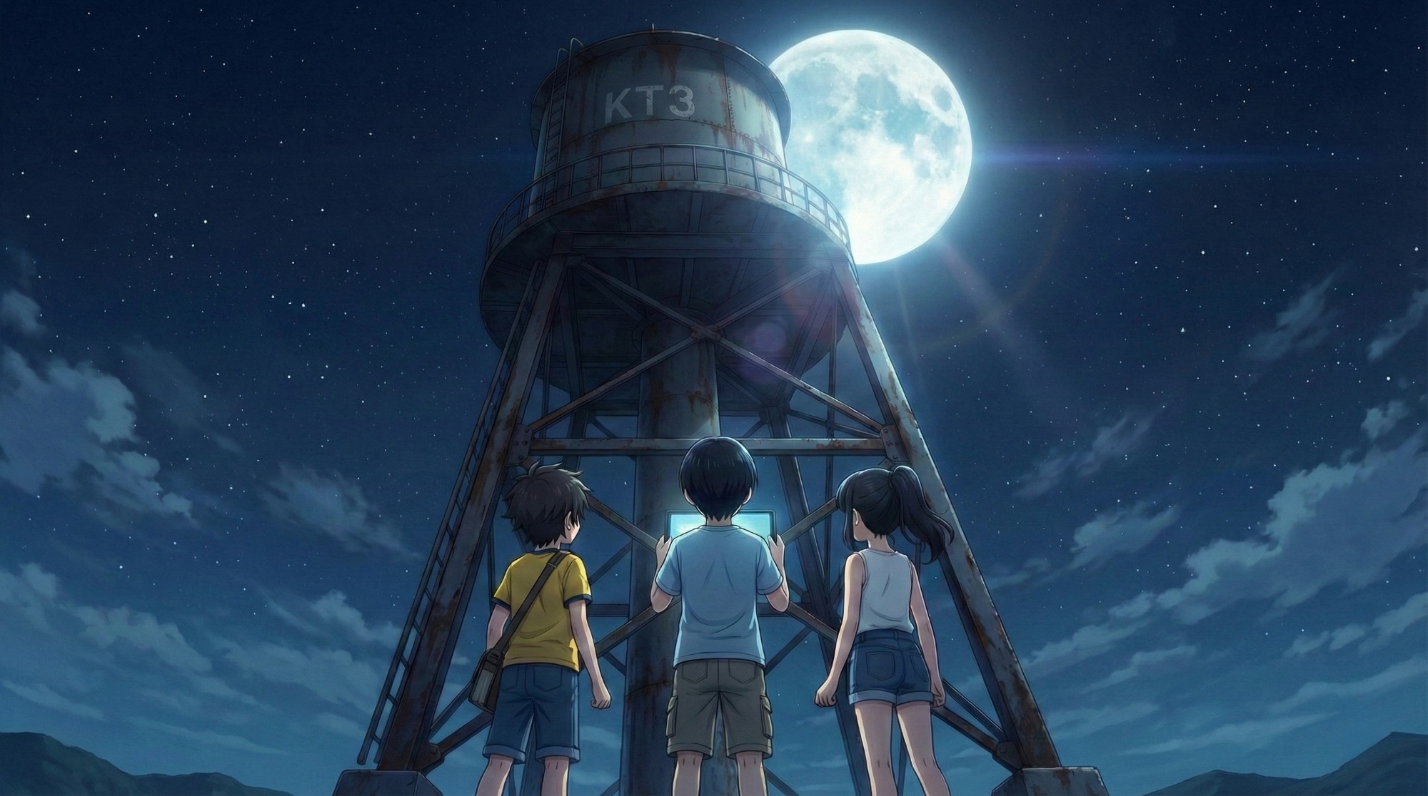 月夜、給水塔〈KT3〉を見上げる悠人・穂乃香・拓海。中央の悠人が掲げたデジタル・スケッチパッドの画面が淡く光る