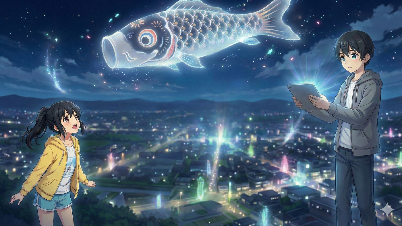 どんとこい祭りの夜――千方神社に灯るジャンボこいのぼり